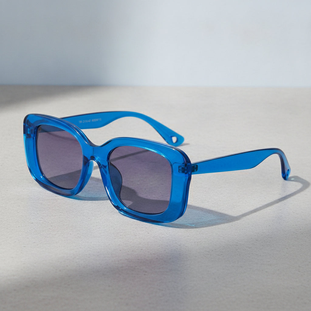 Unisex Oversized Rectangular Sunglasses with Black PC Frame and PC Lenses, in Blue
