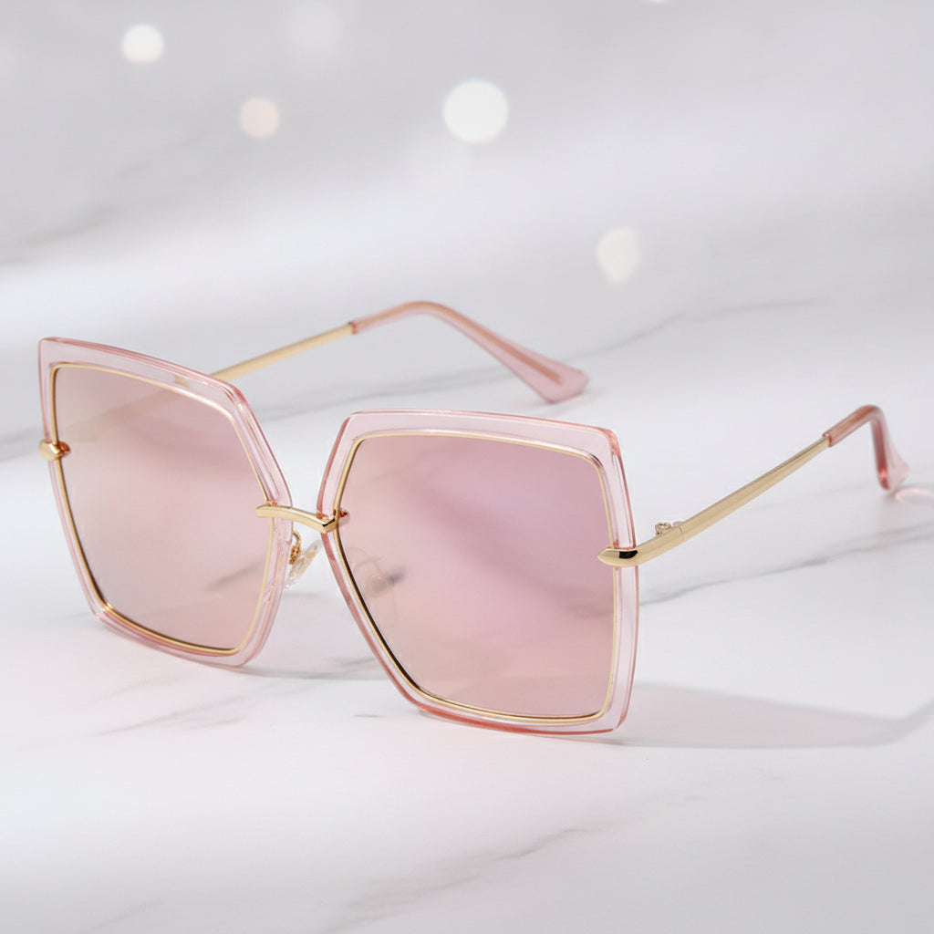 Men and Women Retro Square Oversized Reflective Metal UV400 Sunglasses Resin Lenses, in Through powder