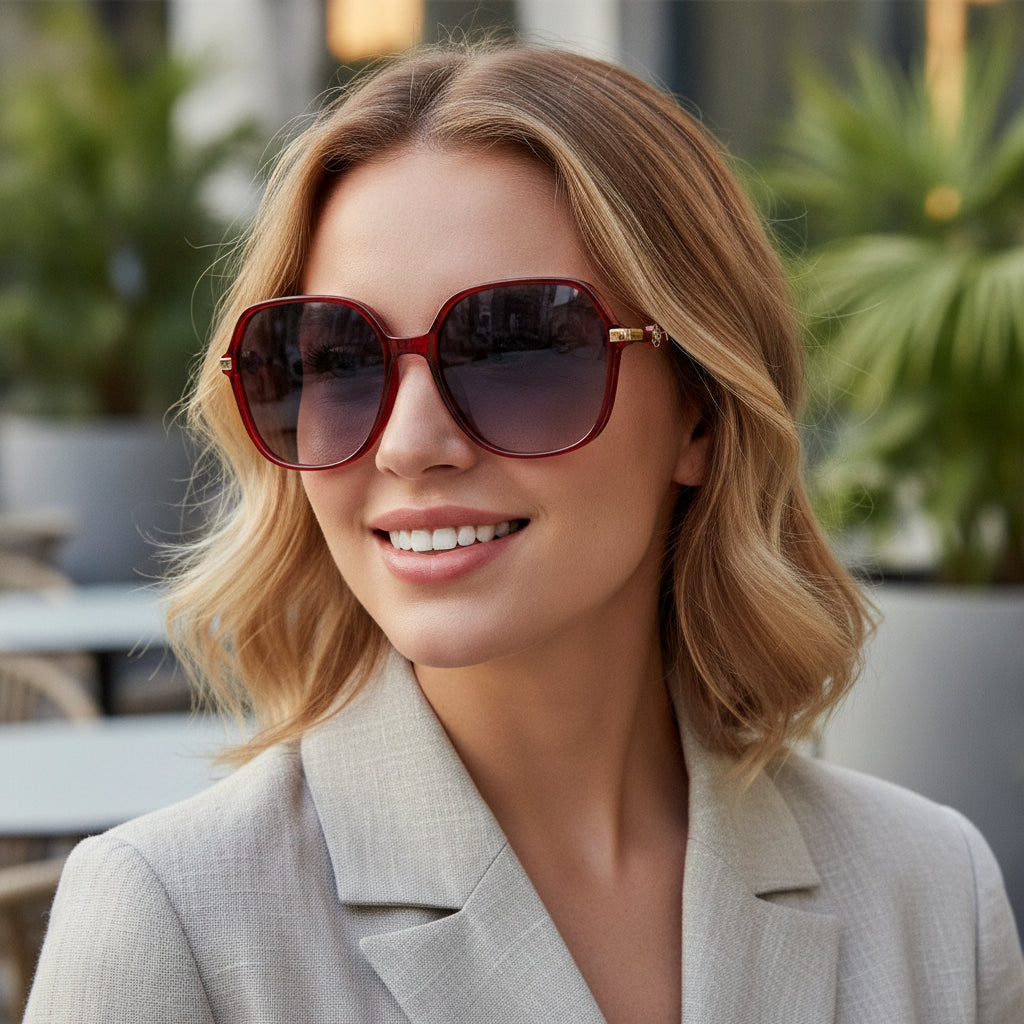 Red Metal Oversized Rectangular Gradient Sunglasses