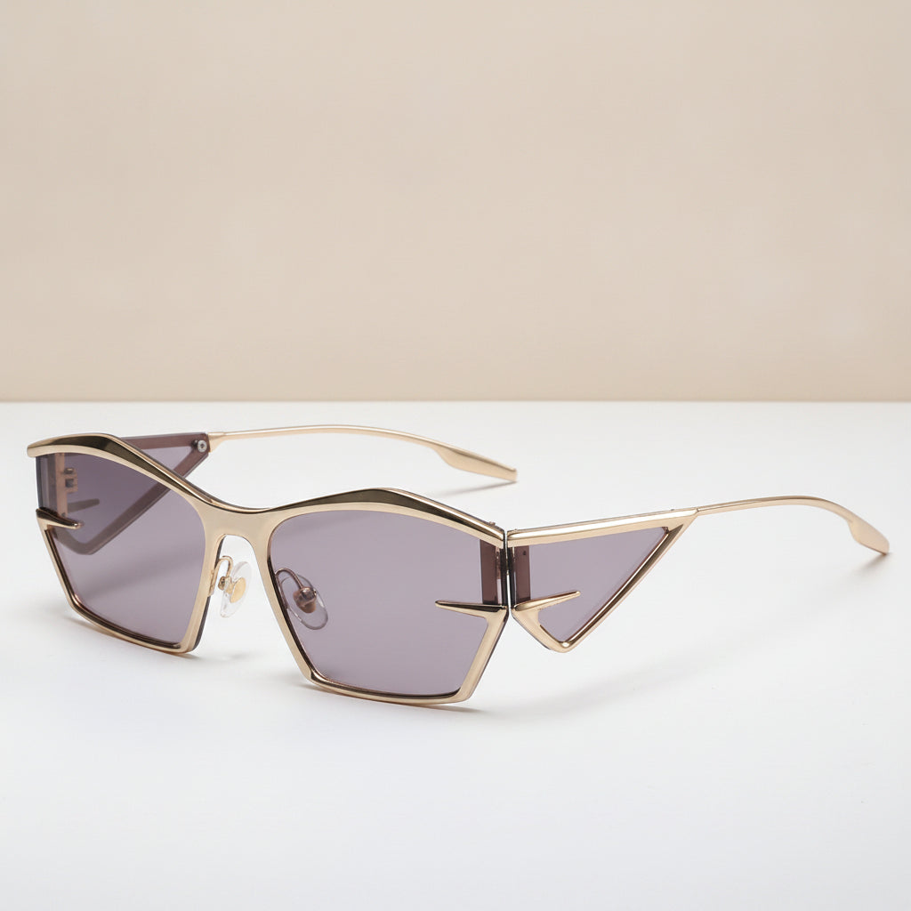 Rectangular Gold Metal Full Frame Fashion Sunglasses with UV400 PC Lenses for Modern Style, in Gold Frame Purple Lens