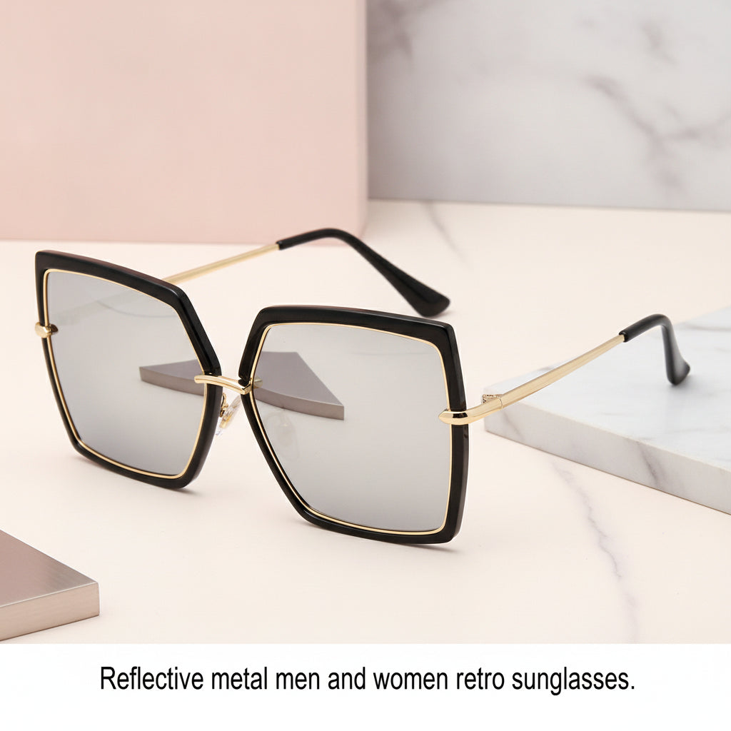 Men and Women Retro Square Oversized Reflective Black Metal UV400 Sunglasses Resin Lenses, in Bright black white