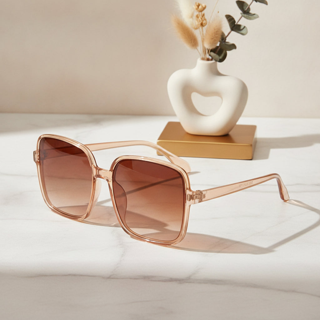 Men and Women Square Oversized Fashionable Simple Pink Sunglasses UV400 PC AC, in Tea