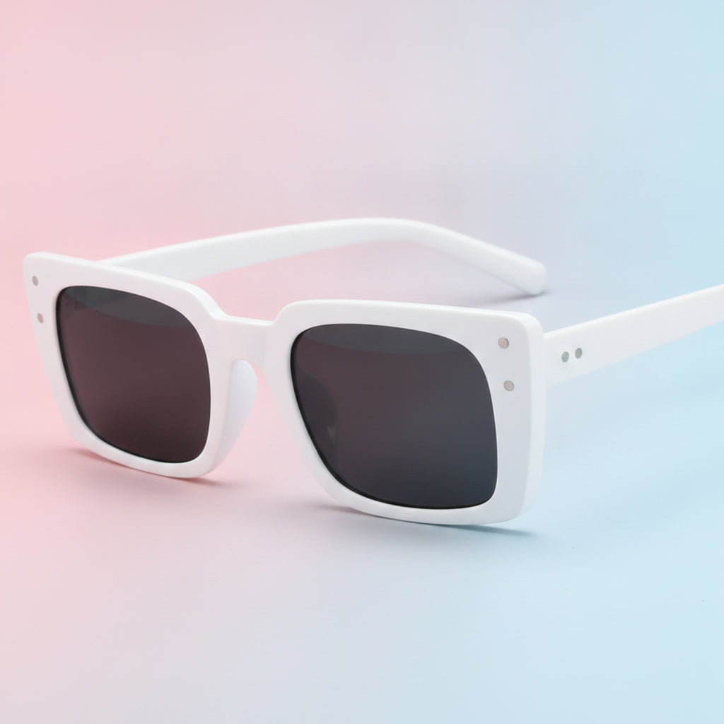 Trendy Fashionable Rectangular Resin Small Frame Mi Nail Sunglasses with Pink Lenses, in White