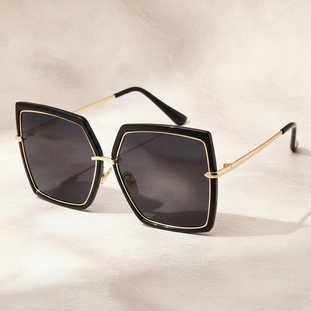 Men and Women Retro Square Oversized Reflective Metal UV400 Sunglasses Resin Lenses, in Bright black gray