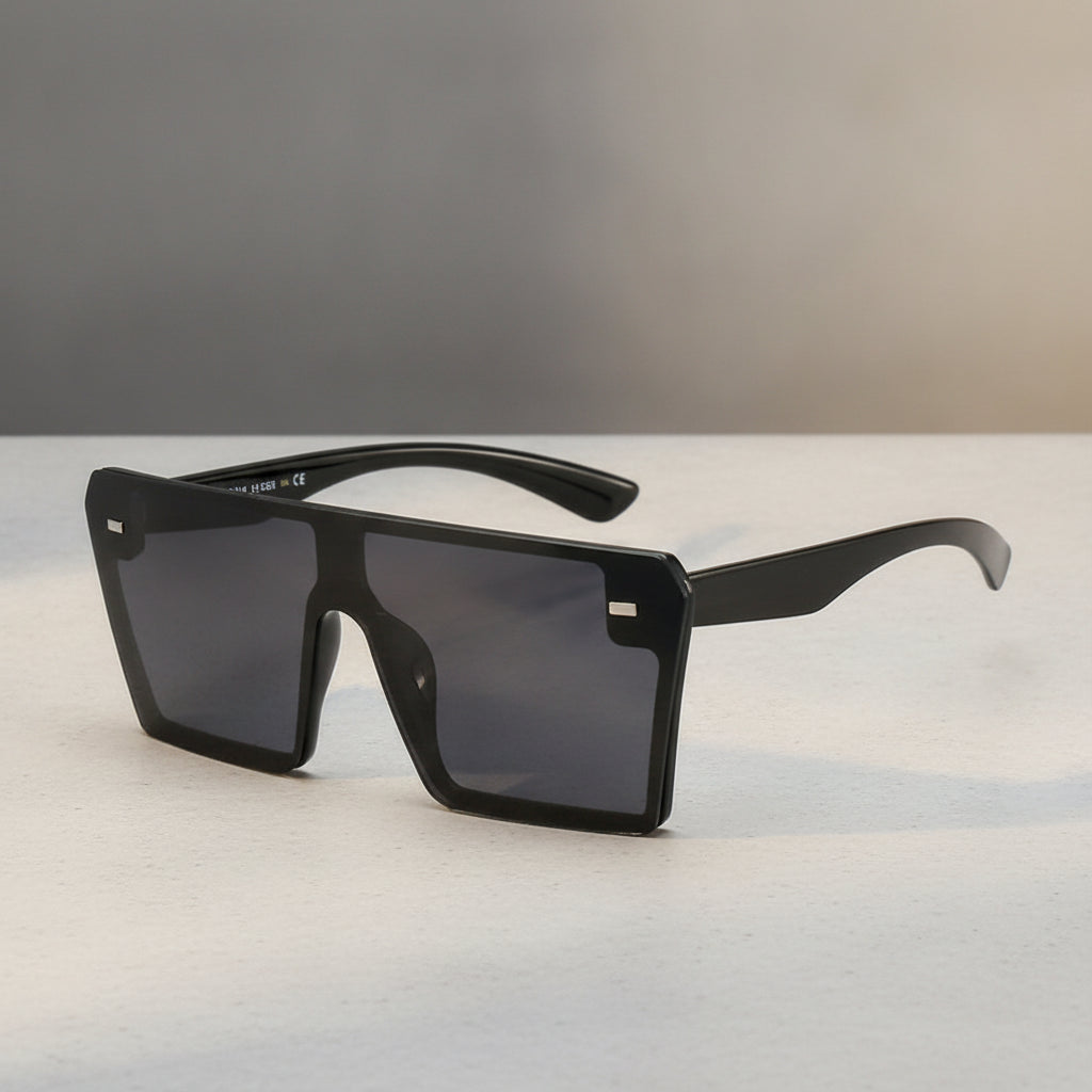 Frameless Oversized Rectangular Black Polarized Sunglasses UV400 AC PC for Universal Fashion, in Black frame