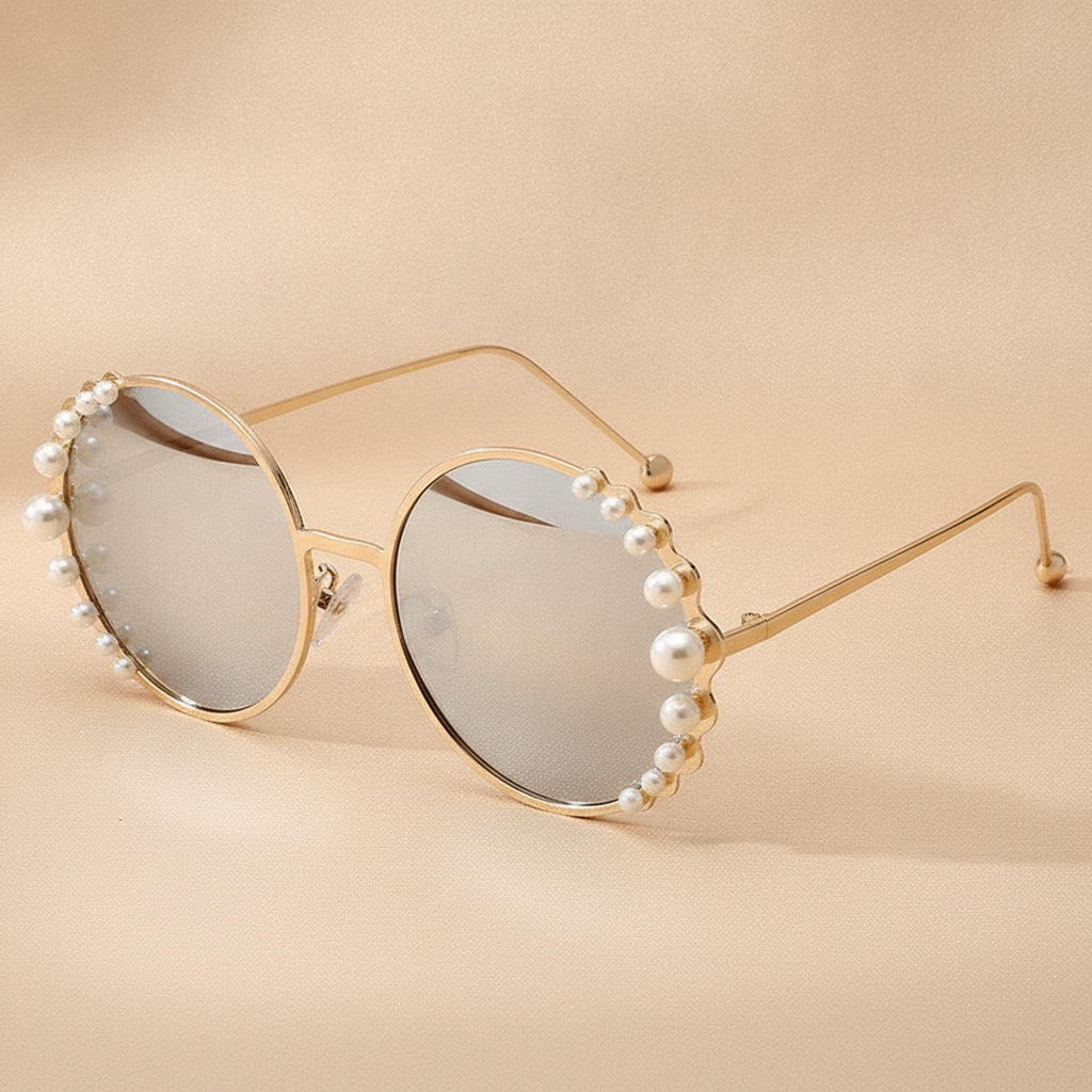 Round Gold Pearl Metal Frame Sunglasses for Ladies UV400 Protection Mirrored PC Lens