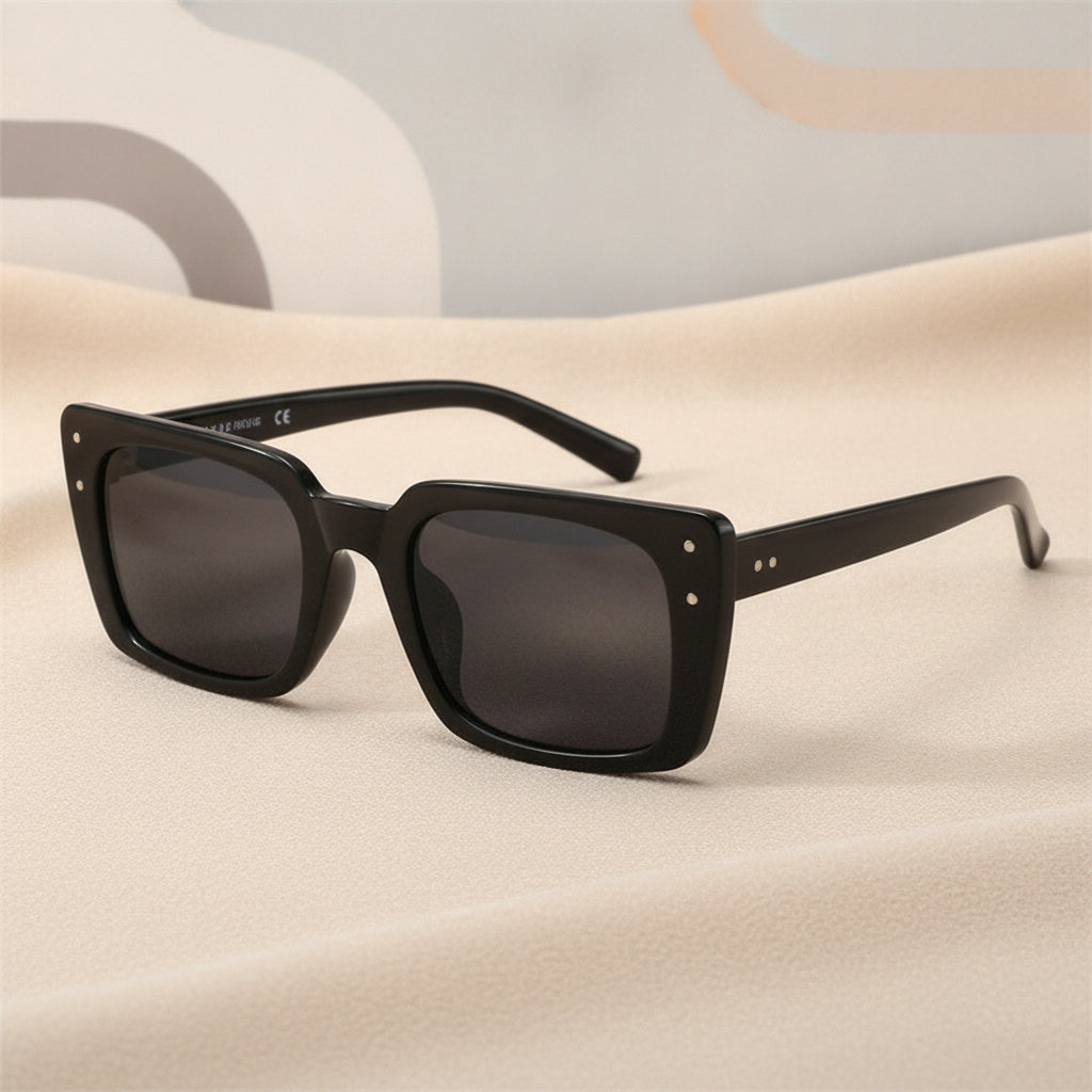 Trendy Fashionable Rectangular Resin Small Frame Mi Nail Sunglasses with Pink Lenses, in Black