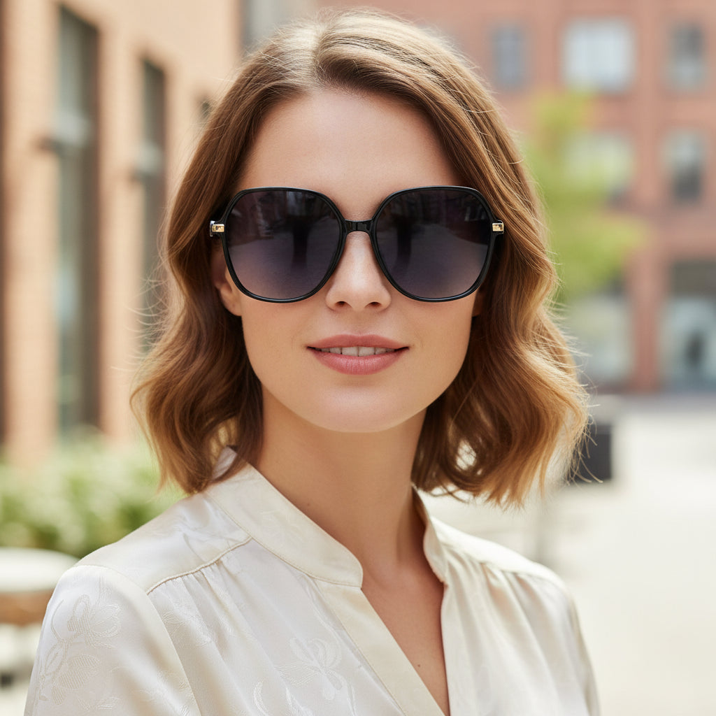 Bright Black Metal Square Gradient Sunglasses, worn by a model