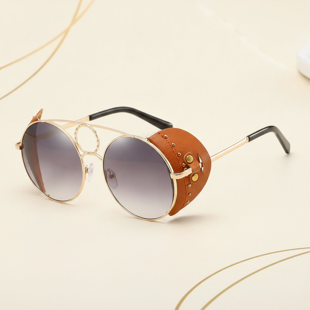 Women's Oversized Round Metal Frame Anti-glare PC Lens UV400 Sunglasses, in Golden grey