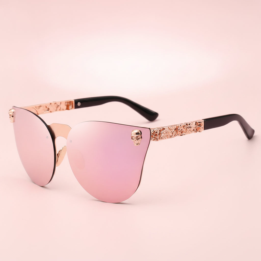 Black Mirrored Cat Eye Metal Sunglasses with Skull Design PC Lens