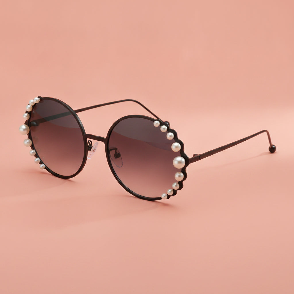 Round Gold Pearl Metal Frame Sunglasses for Ladies UV400 Protection Mirrored PC Lens