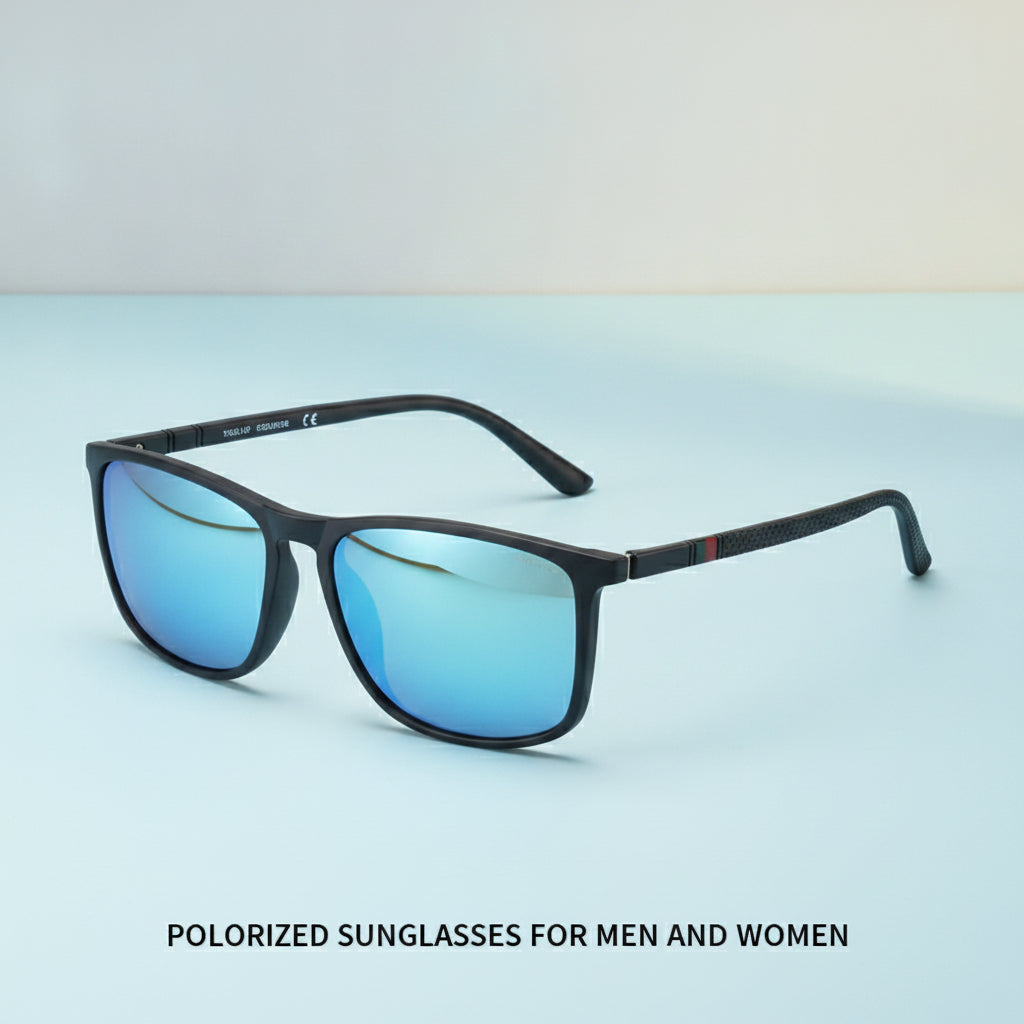 Polarized Rectangular Blue Plastic Sunglasses Personality Style For Outdoor Sports Men And Women, in Sand Blue Frame Ice