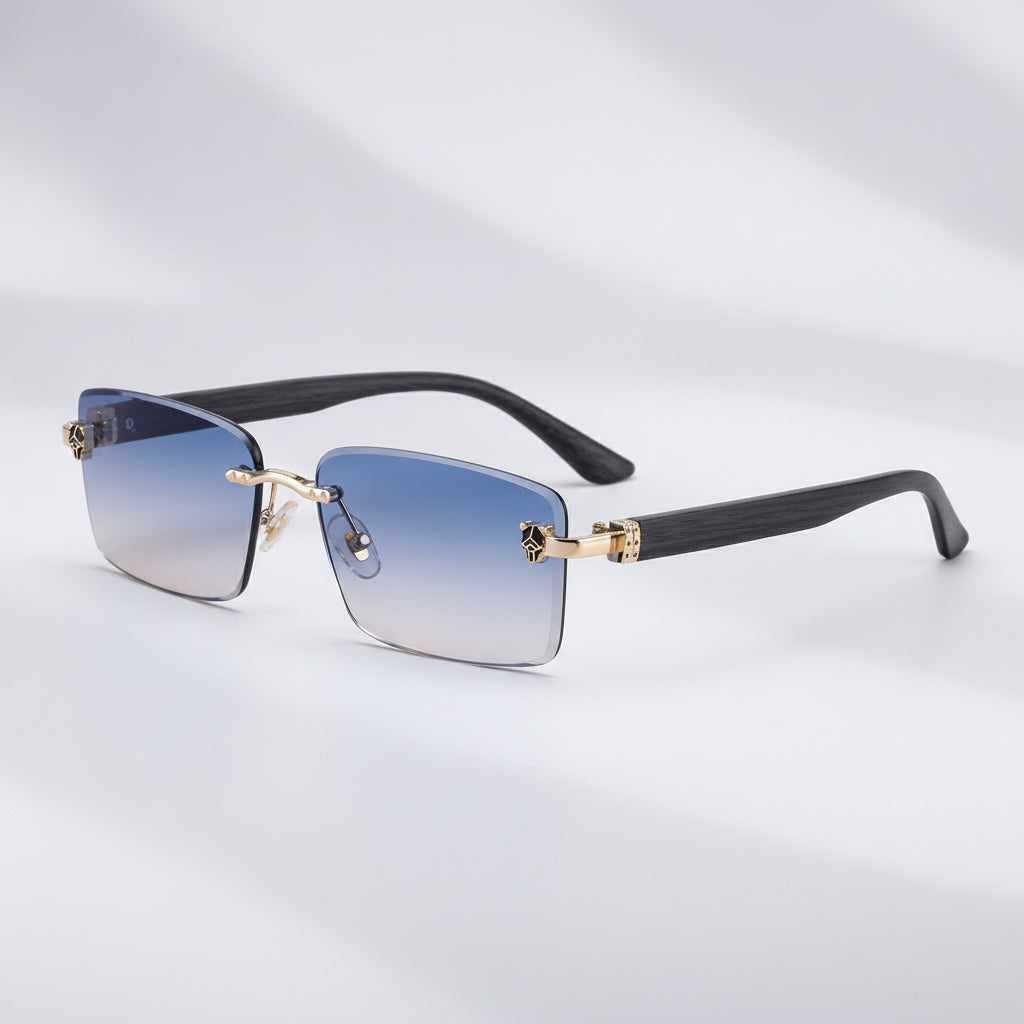 Rectangular Frameless Sunglasses For Men Retro Wood Grain Temple Leopard Head Sun Protection Gradient, in C6 black ngold