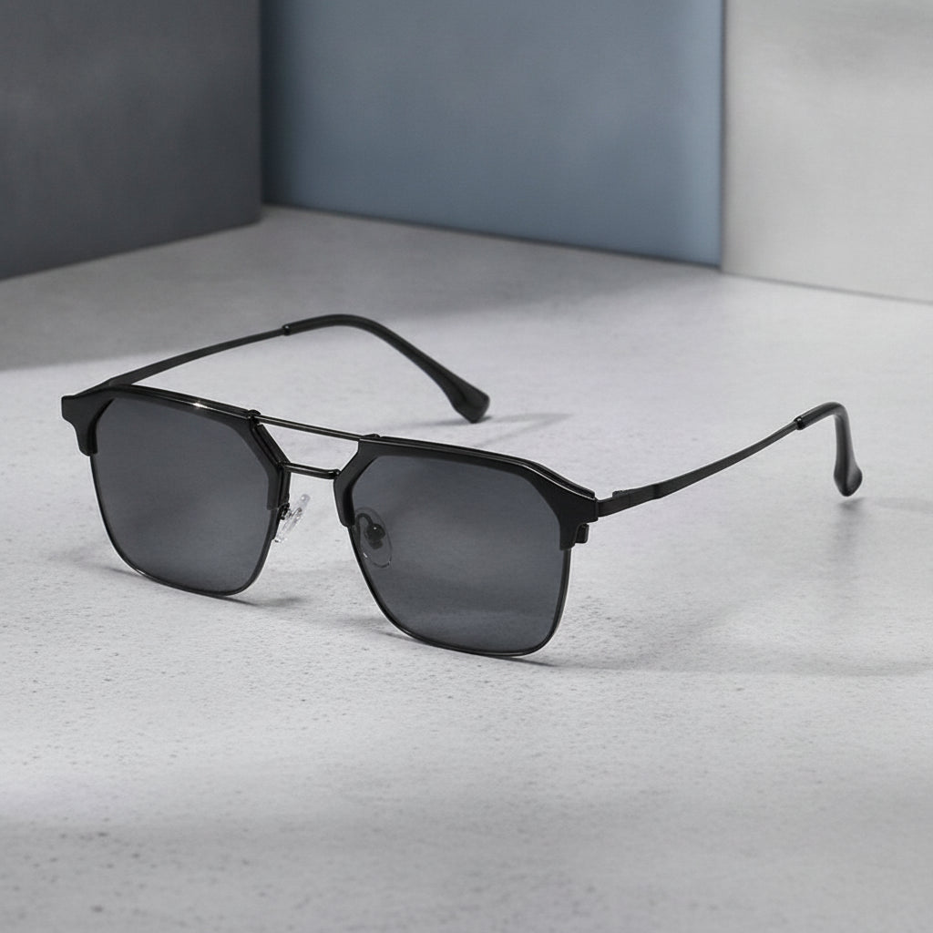Unisex Square Sunglasses UV400 Polarized Composite Nylon Lenses Stainless Steel Frame, in Bright Black