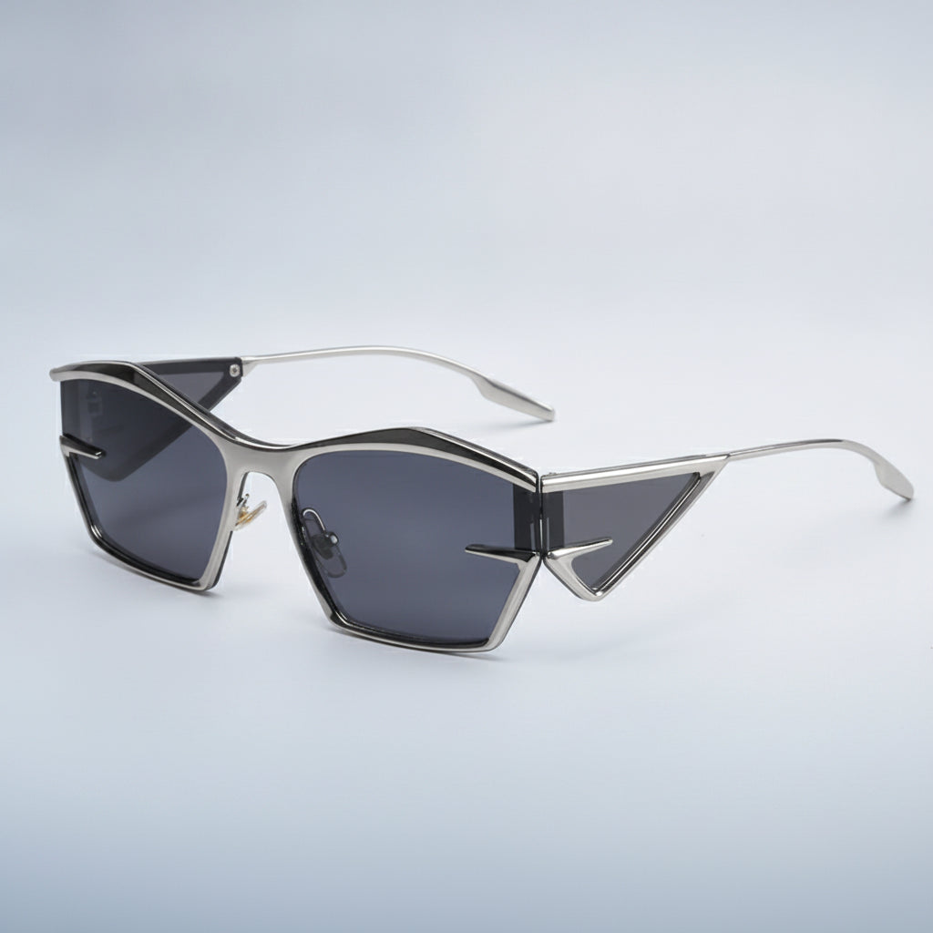 Rectangular Metal Full Frame Fashion Sunglasses with UV400 PC Lenses for Modern Style, in Silver Frame Black Gray Lens