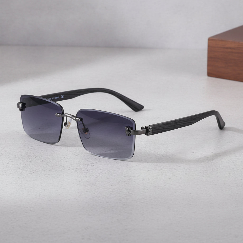 Rectangular Frameless Sunglasses For Men Retro Wood Grain Temple Leopard Head Sun Protection Gradient, in C2 black double