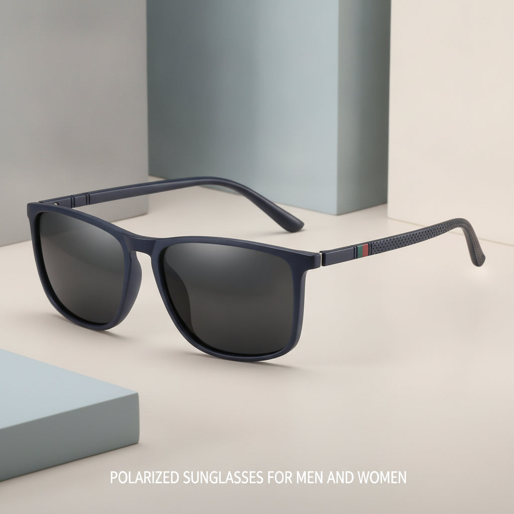 Polarized Rectangular Plastic Sunglasses Personality Style For Outdoor Sports Men And Women, in Sand Blue Frame Black Gray
