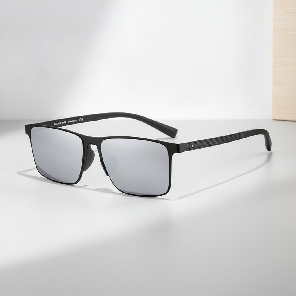 Black Rectangular Polarized Nylon Lens Metal Frame Men's Sunglasses with Square Rivets, in Silvery-Black