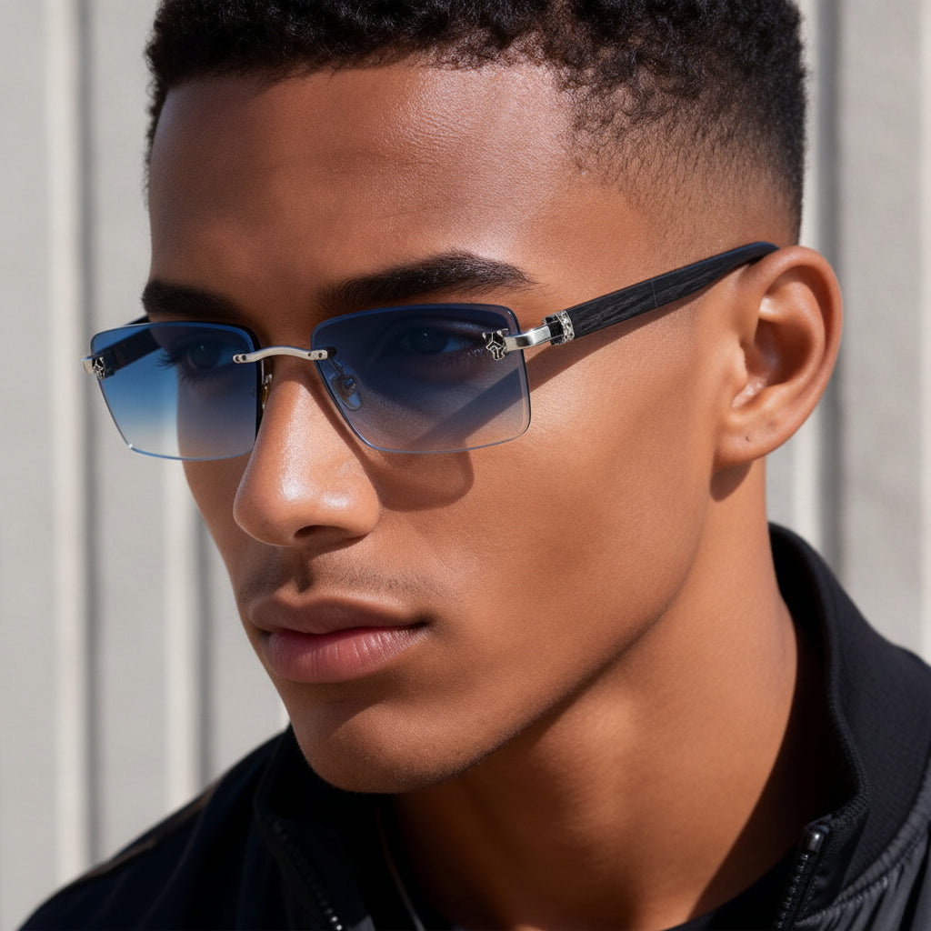 Rectangular Frameless Sunglasses For Men Retro Wood Grain Temple Leopard Head Sun Protection Gold Gradient