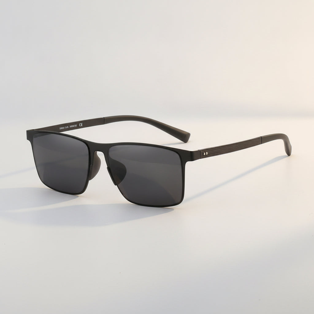 Black Rectangular Polarized Nylon Lens Metal Frame Men's Sunglasses with Square Rivets