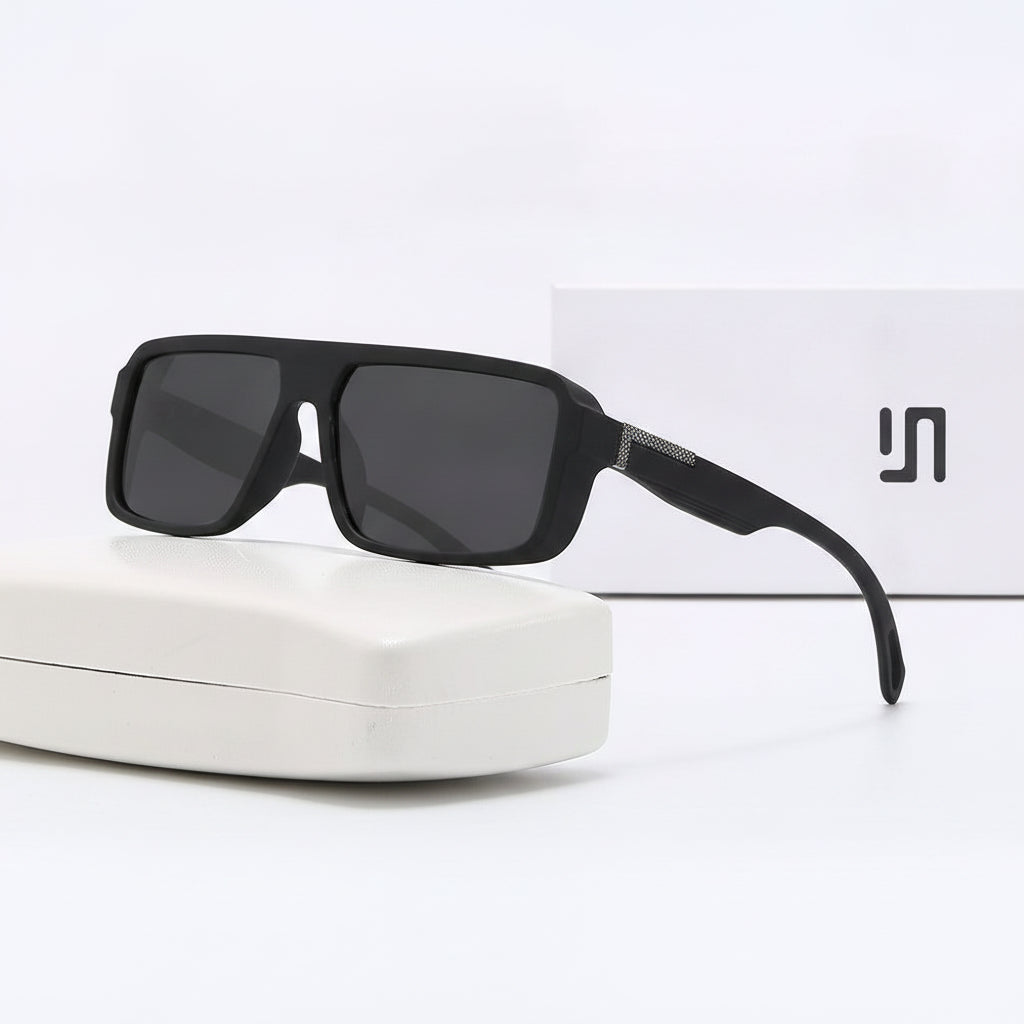 Men's Polarized Rectangular Oversized Sunglasses UV Protection Outdoor Fashion, in Elastic Paint-Sand Black And Grey Lens