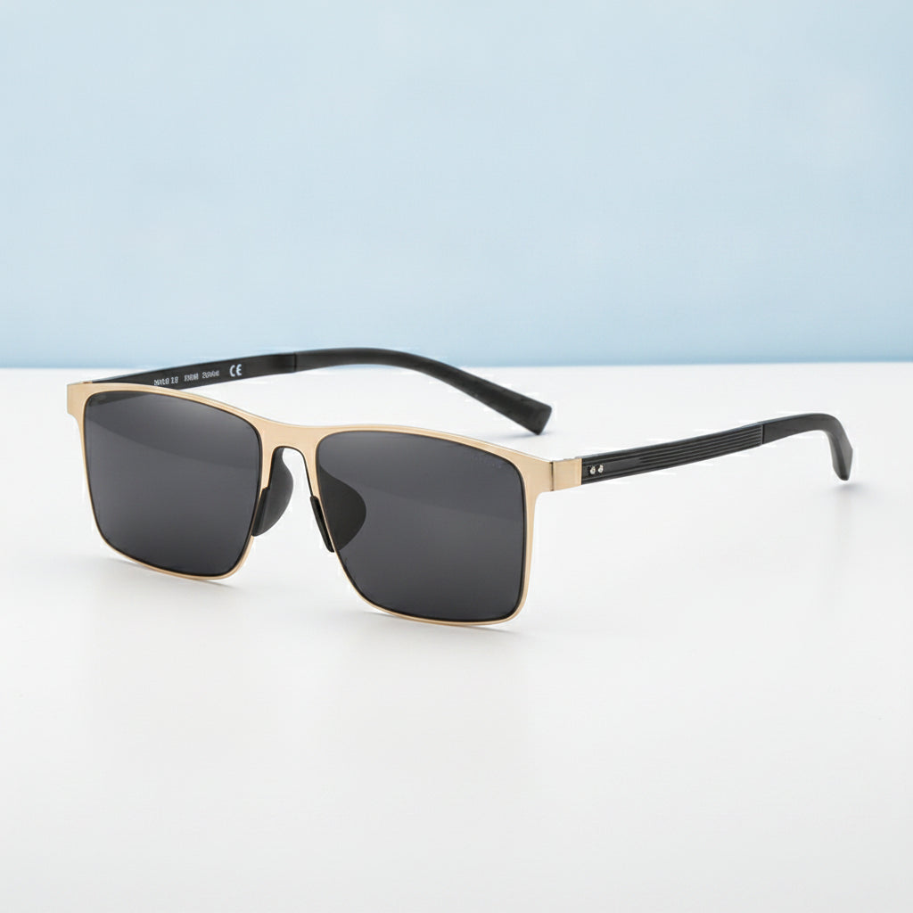Rectangular Polarized Nylon Lens Metal Frame Men's Sunglasses with Square Rivets, in Dark gray-Golden