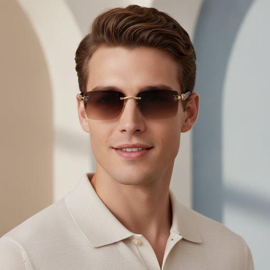 Rectangular Frameless Sunglasses For Men Retro Wood Grain Temple Leopard Head Sun Protection Gold Gradient