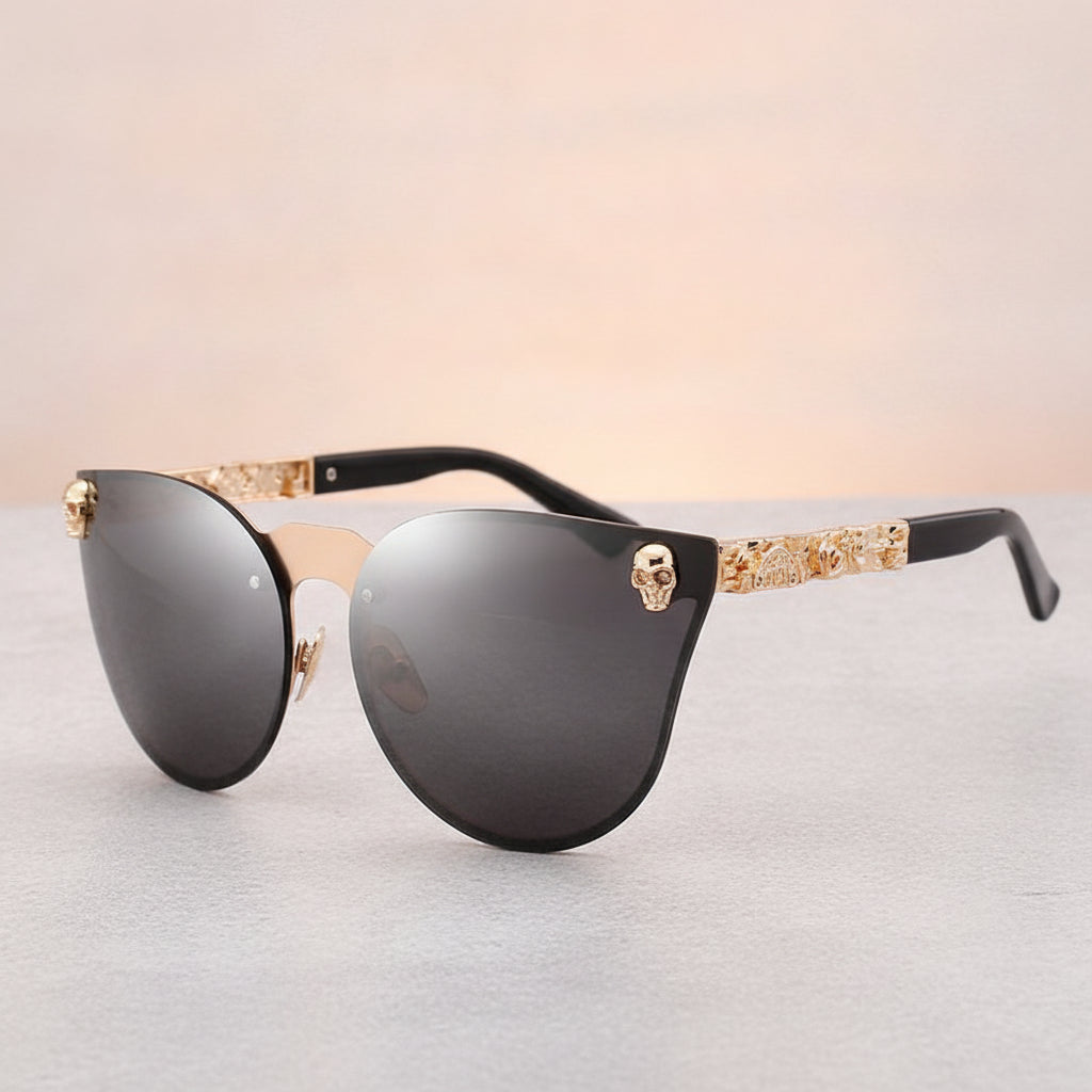 Black Mirrored Cat Eye Metal Sunglasses with Skull Design PC Lens