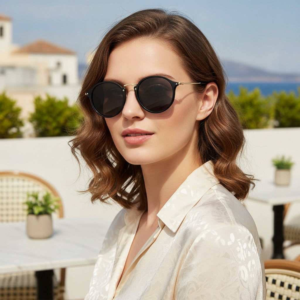 Round Black UV400 HD Sunglasses For Men And Women with Plastic and Metal Frame