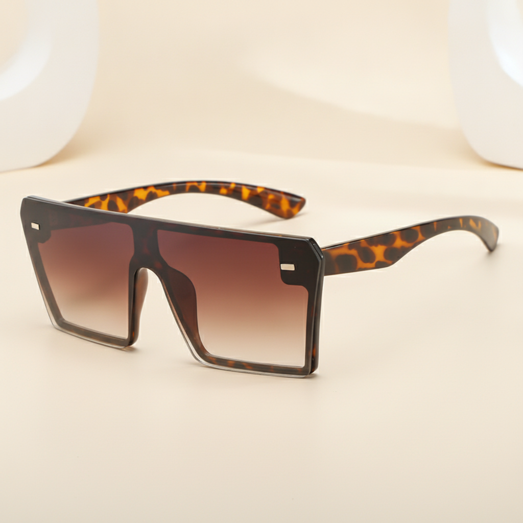 Frameless Oversized Rectangular Polarized Sunglasses UV400 AC PC for Universal Fashion, in Leopard frame