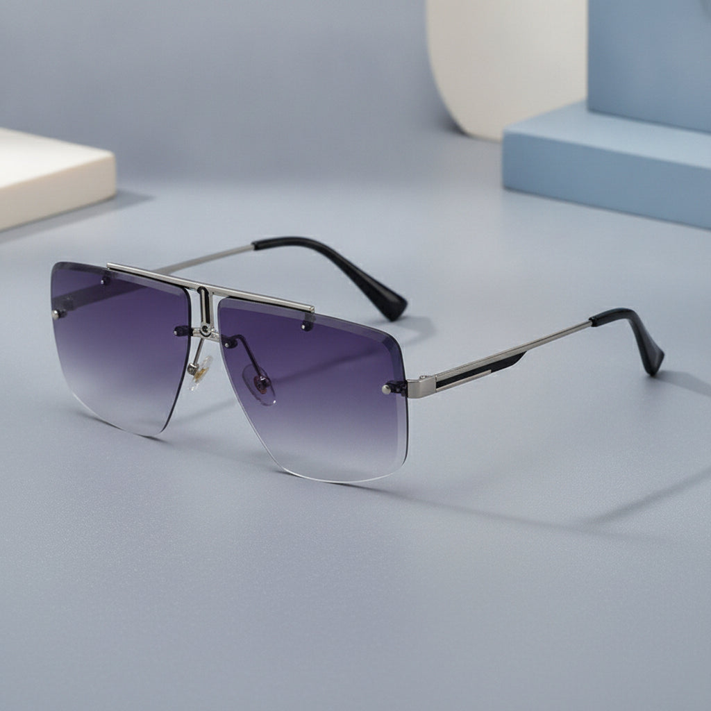 Men's Aviator Rectangle Sunglasses Rimless Cut-edge Metal Frame PC UV400 Gradient Lens, in Blue