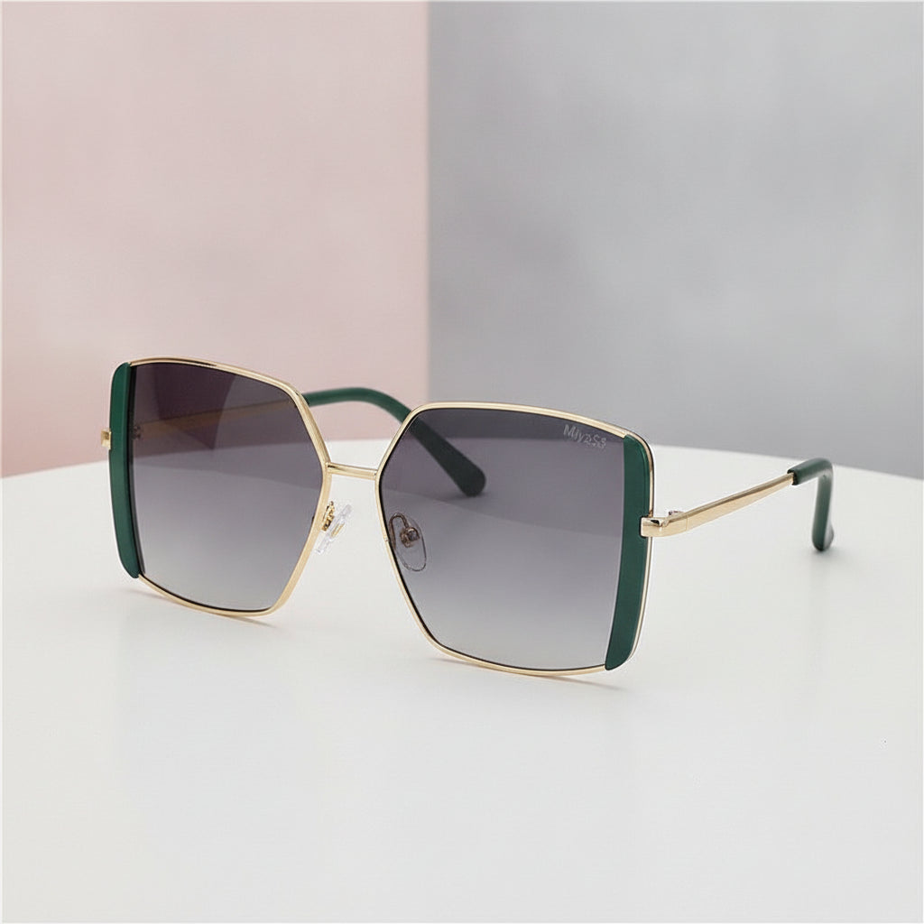 Double Eyebrow Square Sunglasses for Women, in Dark green frame grey chip