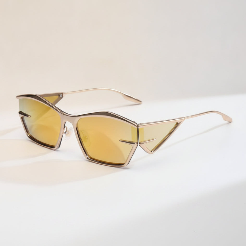 Rectangular Gold Metal Full Frame Fashion Sunglasses with UV400 PC Lenses for Modern Style, in Gold Frame Yellow Mercury