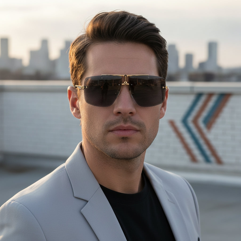 Men's Aviator Rectangle Sunglasses Rimless Cut-edge Silver Metal Frame PC UV400 Gradient Lens