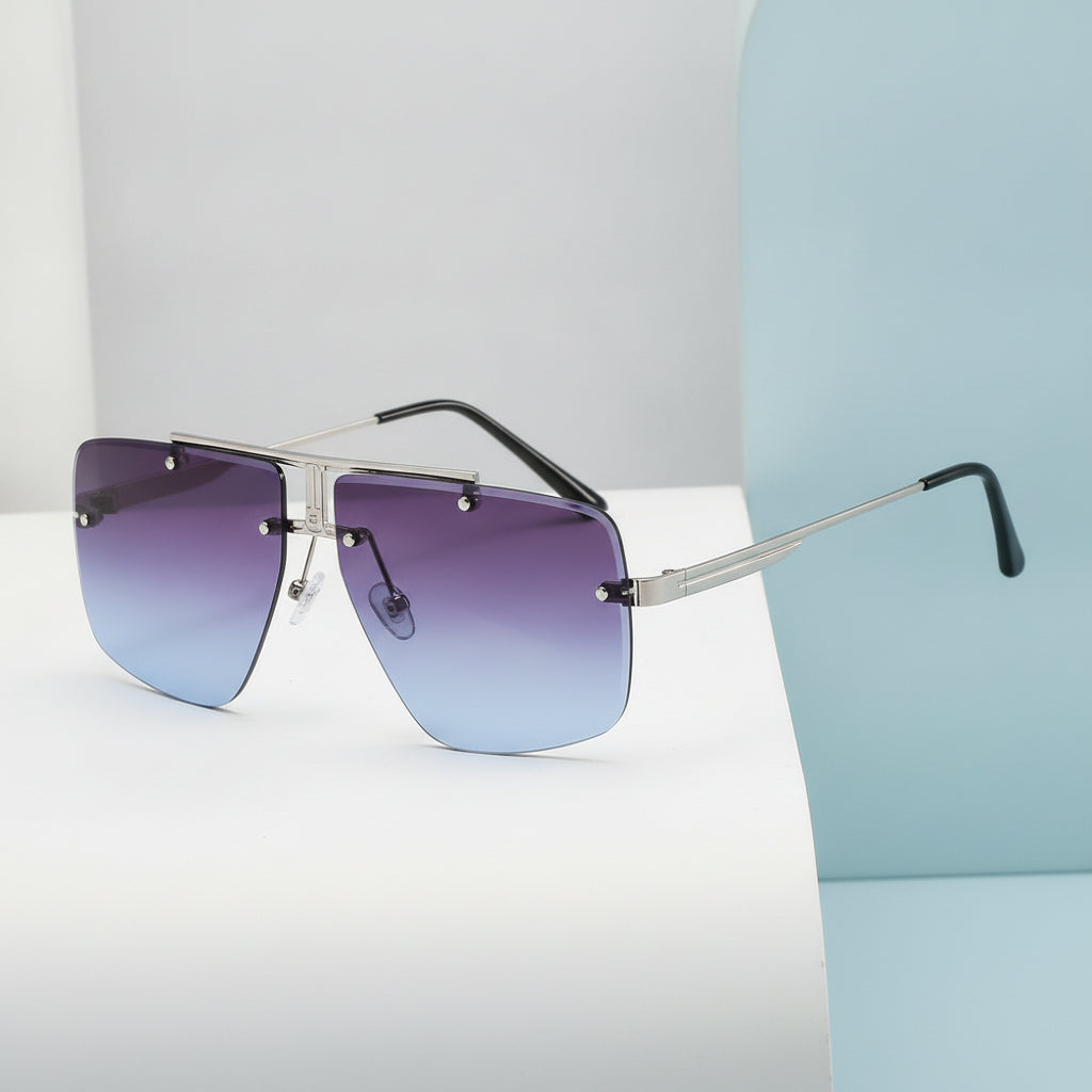 Metal Rectangular Sunglasses for Men, in Gold frame grey blue