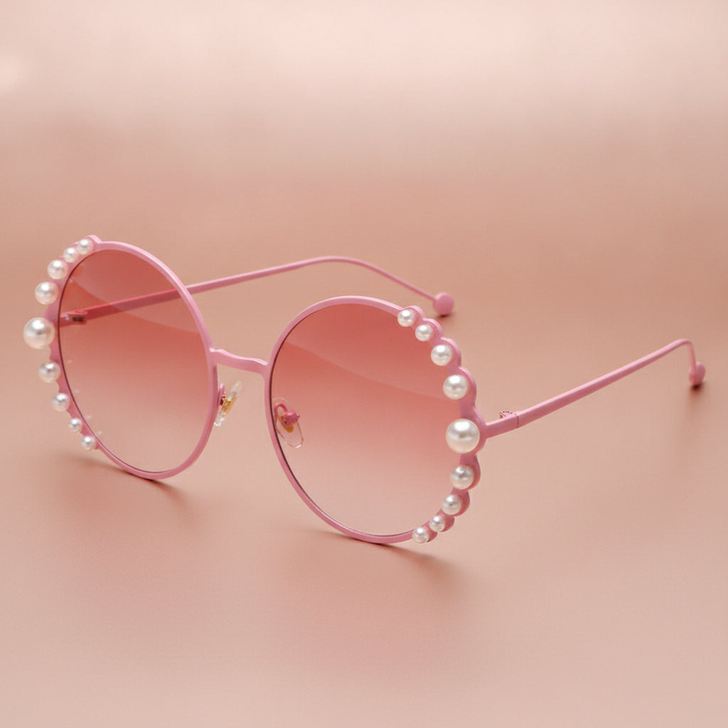 Round Gold Pearl Metal Frame Sunglasses for Ladies UV400 Protection Mirrored PC Lens