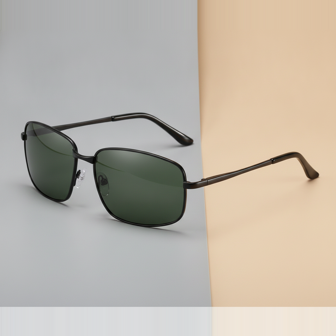 Men's Rectangular Sunglasses Black Metal Frame Polarized TAC Lenses UV400 Sports Style, in Black Green