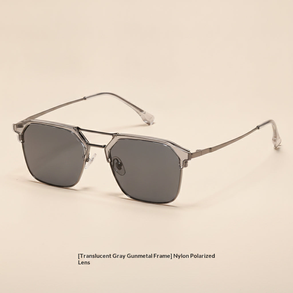 Unisex Square Sunglasses UV400 Polarized Composite Nylon Lenses Stainless Steel Frame, in Translucent Gray Gun Color