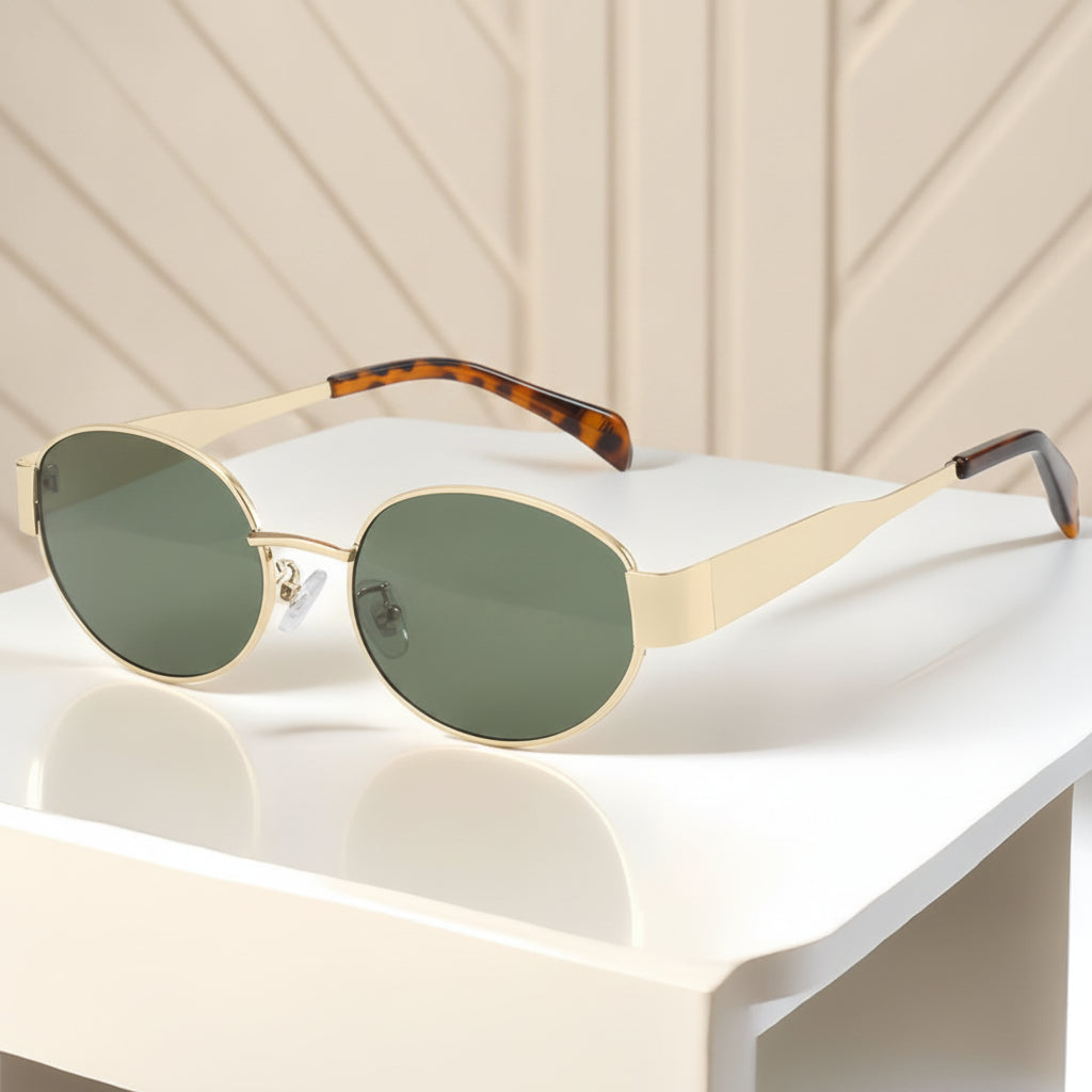 Women's Oval Sunglasses UV400 Metal Frame with AC Lenses Tortoiseshell Design, in Dark green leopard print