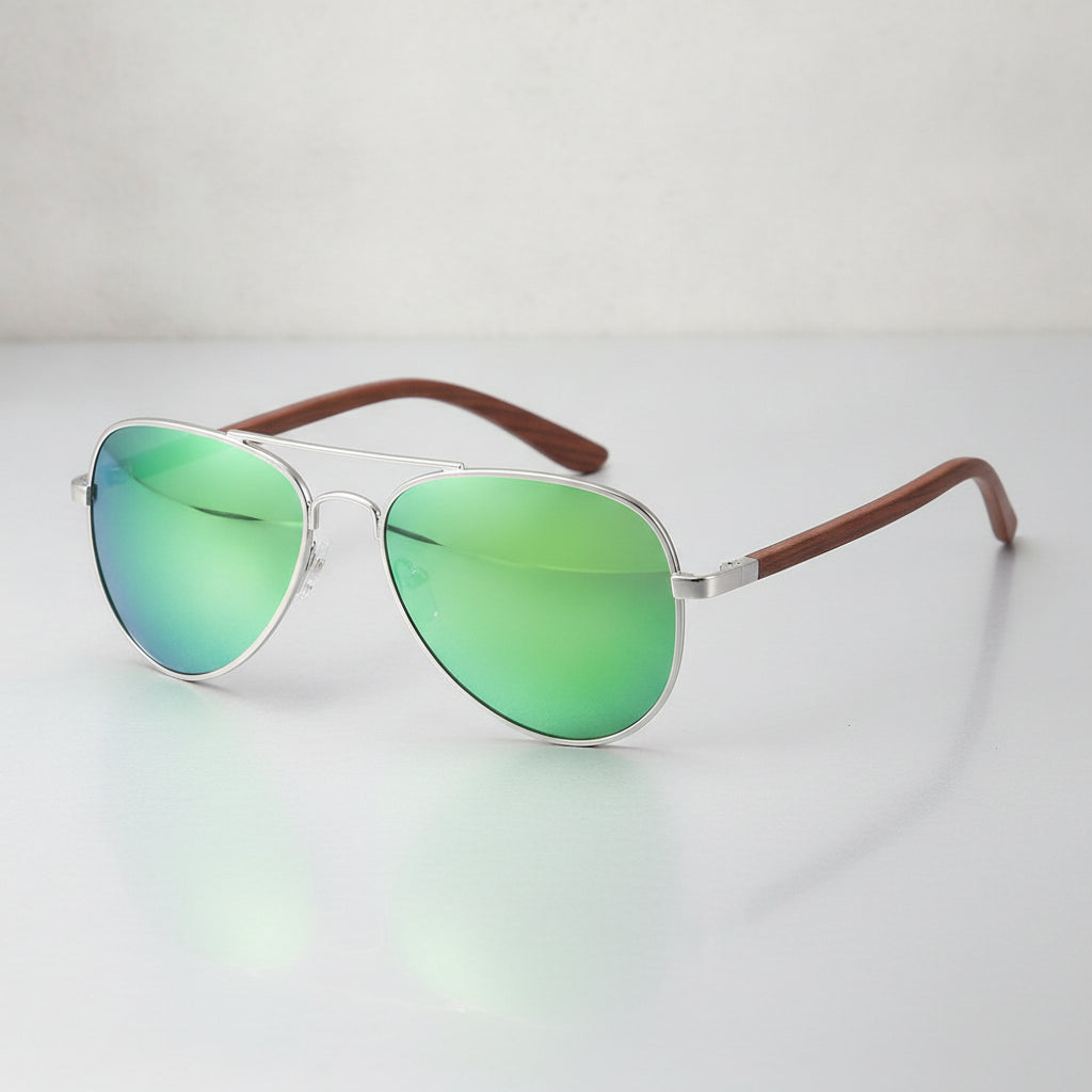 Adult Aviator Sunglasses UV Protection Bamboo Frame Versatile Style for Travel Fashion Driving, in Green Chip