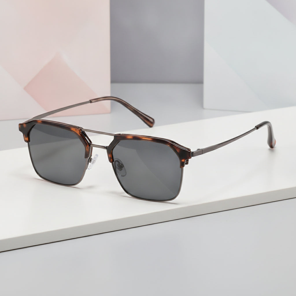Unisex Square Sunglasses UV400 Polarized Composite Nylon Lenses Stainless Steel Frame, in Tortoiseshell Gun Color