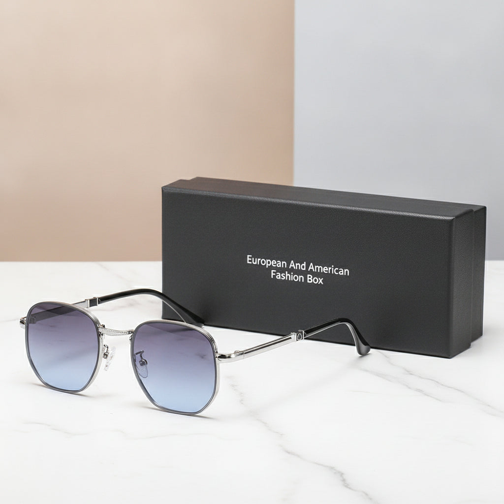 Men's Oversized Aviator Sunglasses Gradient Lenses Providing UV400 Protection, in Silver / Grey Blue
