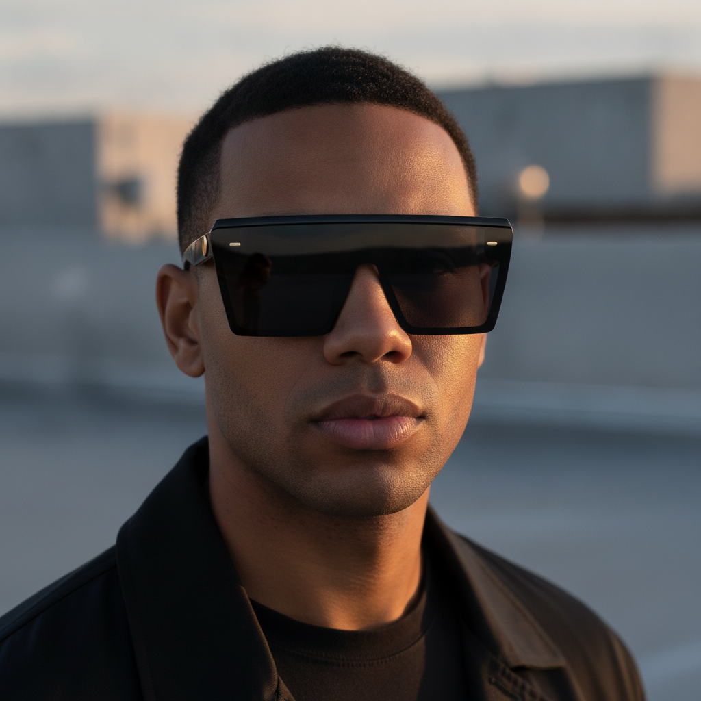 Frameless Oversized Rectangular Black Polarized Sunglasses UV400 AC PC for Universal Fashion