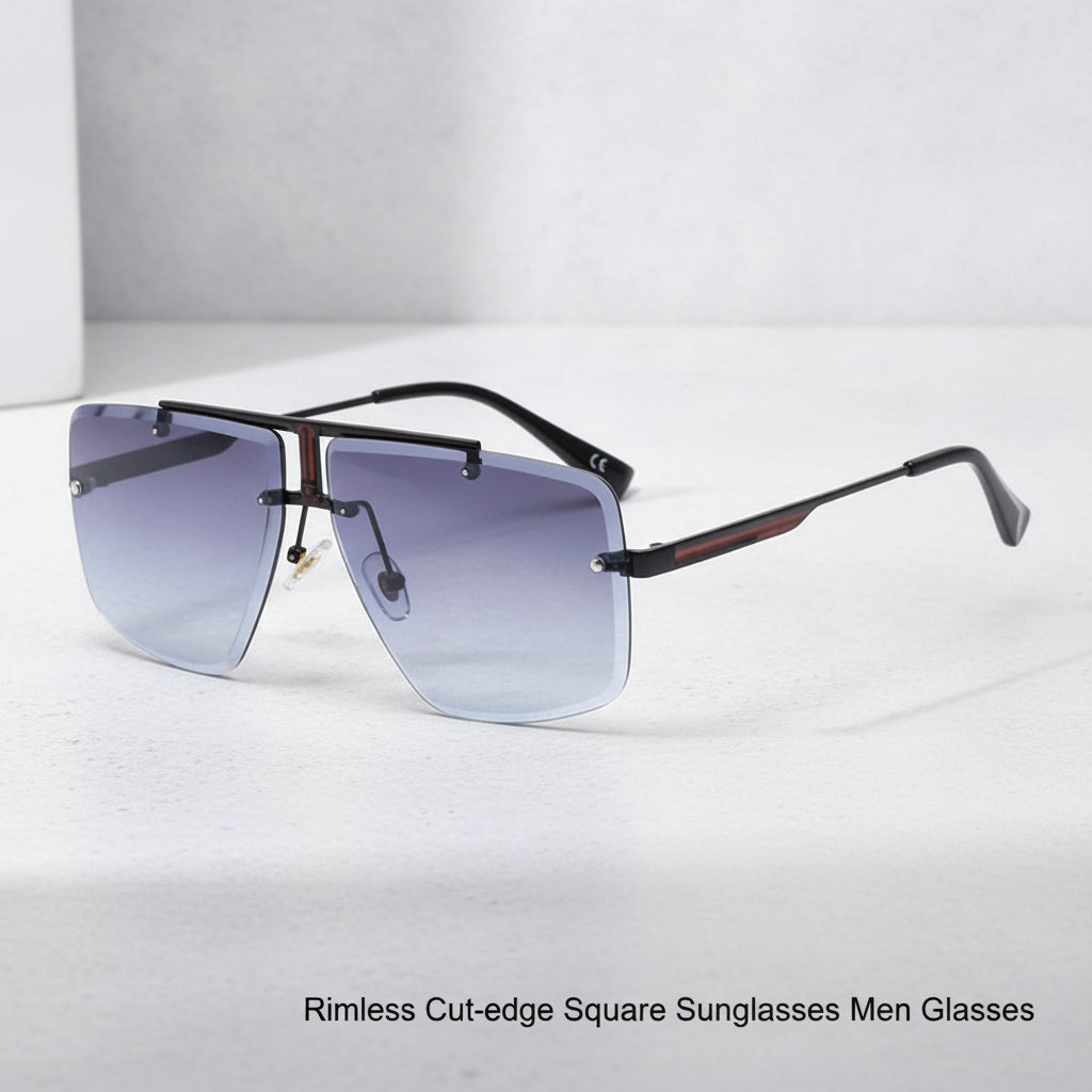 Men's Aviator Rectangle Sunglasses Rimless Cut-edge Metal Frame PC UV400 Gradient Lens, in Dark grey blue