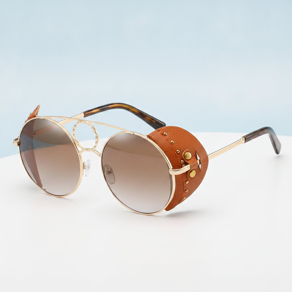 Women's Oversized Gold Round Metal Frame Anti-glare PC Lens UV400 Sunglasses, in Golden tea