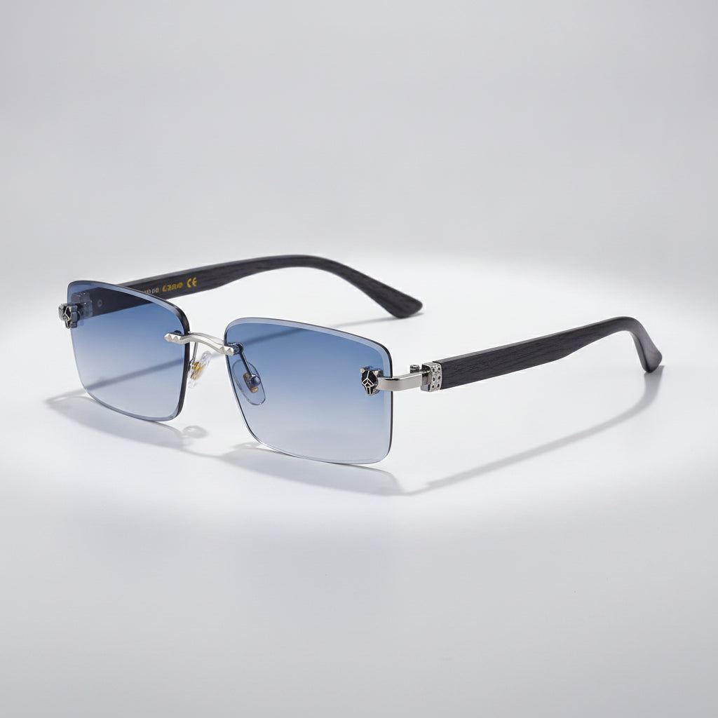 Rectangular Frameless Sunglasses For Men Retro Wood Grain Temple Leopard Head Sun Protection Gradient, in C5 black wood