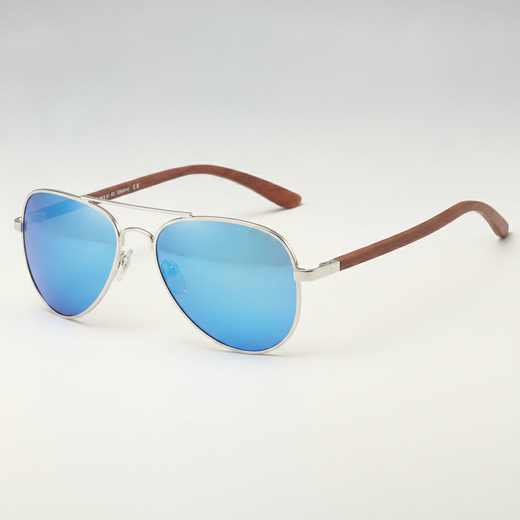 Adult Aviator Sunglasses UV Protection Bamboo Frame Versatile Style for Travel Fashion Driving, in Blue Lens