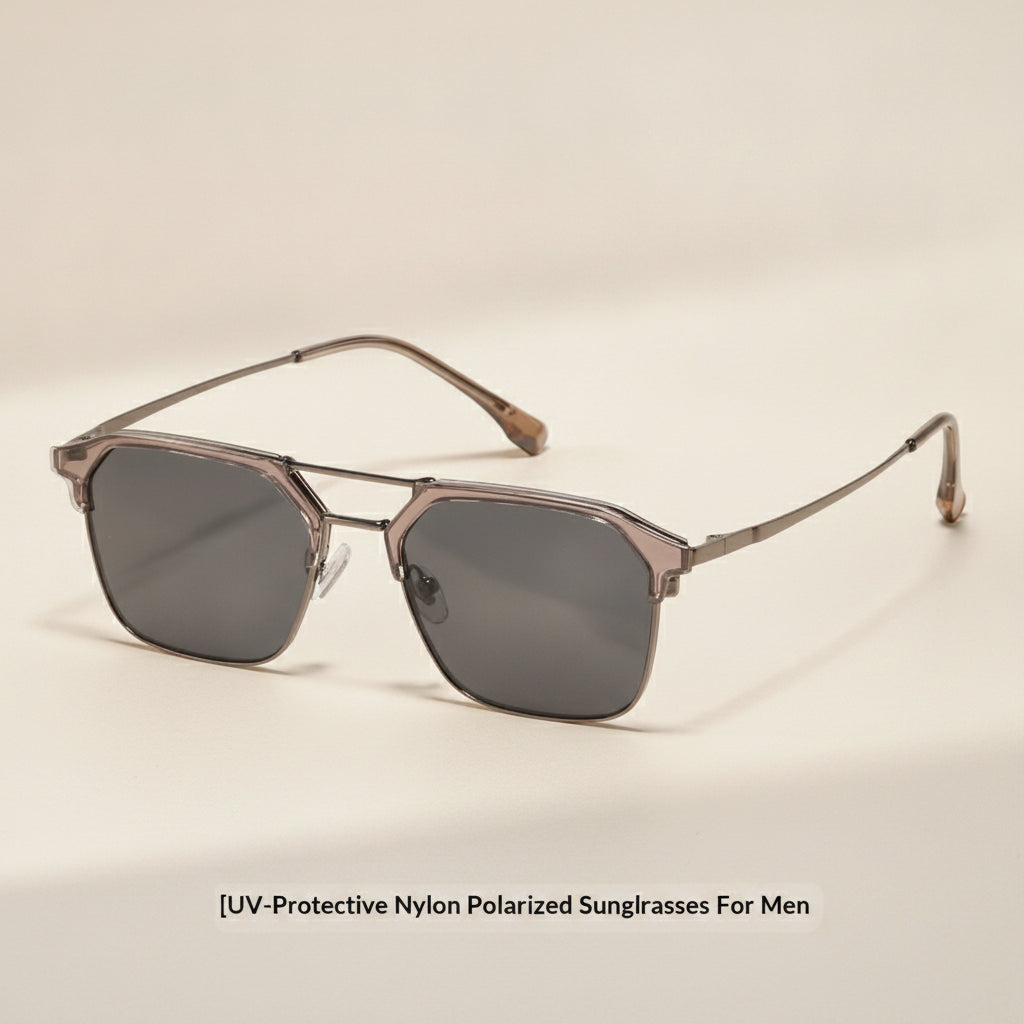 Unisex Square Sunglasses UV400 Polarized Composite Nylon Lenses Stainless Steel Frame, in Translucent Tea Color