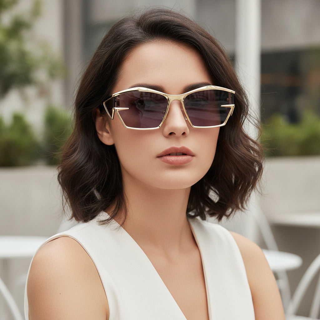 Rectangular Gold Metal Full Frame Fashion Sunglasses with UV400 PC Lenses for Modern Style