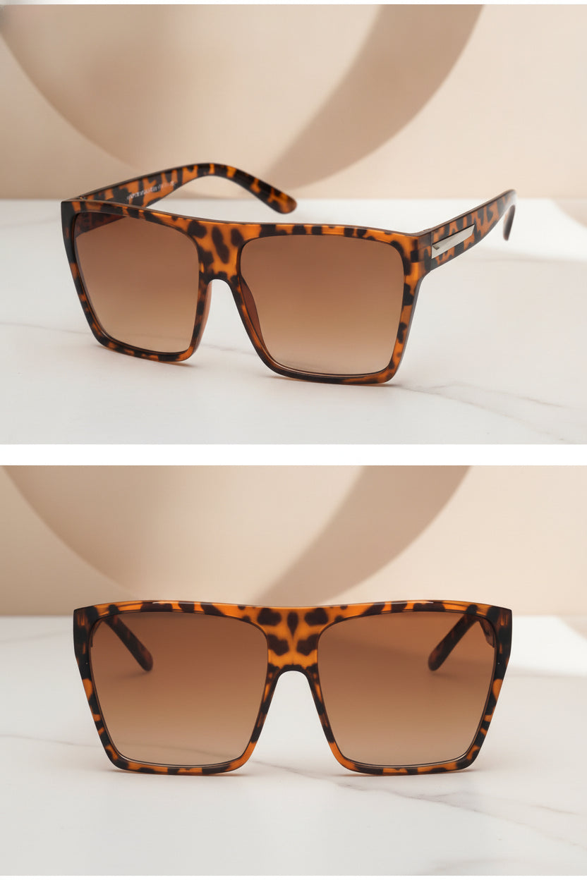 Oversized Rectangular Black Sunglasses with AC Lenses PC Frames for Personalized Fashion Travel, in Leopard Print Double Tea